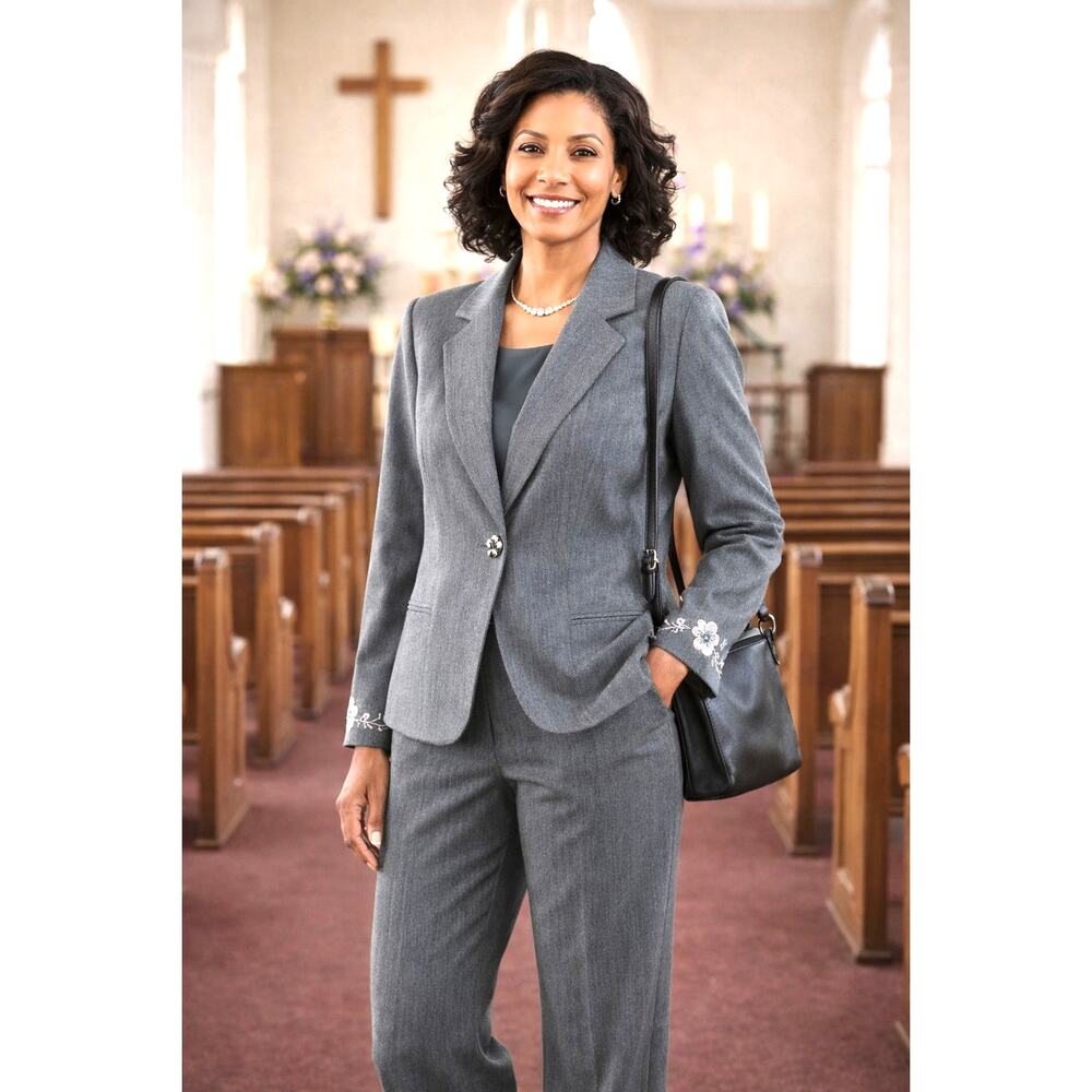 Jones New York Gray Pant Suit Sz 14 Embroidered Floral Beaded Blazer Set Career
